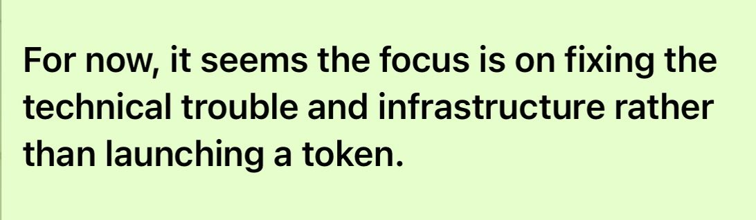 A text graphic on a light green background reads: "For now, it seems the focus is on fixing the technical trouble and infrastructure rather than launching a token." The image relates to the post by explaining that the $BASE airdrop delay is due to ongoing technical and infrastructure issues on the Base chain, which must be resolved before the token launch can proceed.