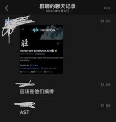 The image shows a WeChat group chat titled "群聊的聊天记录" (dated 2026年9月5日) displaying a shared Spotify track titled "HertzFlow | Madman Arca!!" at 14:58, followed by Chinese messages asking the group to share ("应该是他们搞得" and "AST"). The image illustrates the sender's endorsement effort, showcasing the HertzFlow song they promised to feature in a thank-you video if AST integrated support for HertzFlow leveraged pairs.
