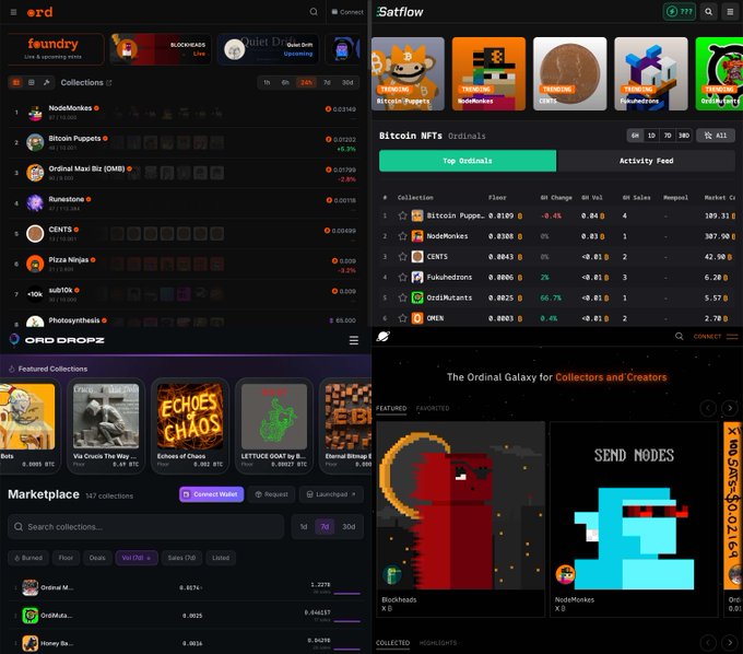 The image shows four different screens, each displaying various information related to Bitcoin. The first screen displays a list of Ordinals, while the other three screens show different aspects of Bitcoin's decentralized nature. This suggests that the post might be discussing the importance or relevance of Ordinals in relation to Bitcoin and its blockchain technology.