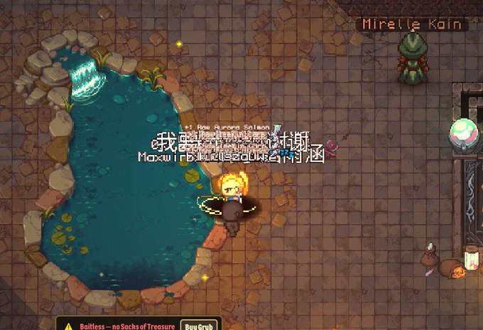 Screenshot of a pixel art video game showing a character near a pond with text overlays including "Mirelle Kain", "Ms. Aurora Salmon", and "Bootless - no Sacks of Treasure" along with "Buy Grub" button.