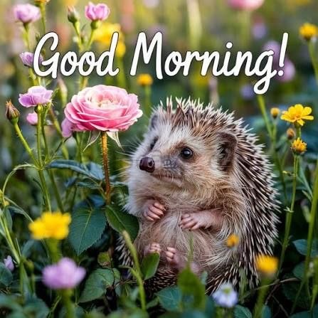 An AI-generated hedgehog among pink and yellow flowers with the greeting 'Good Morning!' displayed in white text.