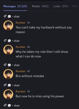 A screenshot of a Discord chat showing multiple messages from a user named 'Kundan' in a #chat channel, with text including 'You can't take my hardware without any reason' and 'Why he taken my role then I will show what I can do now'.