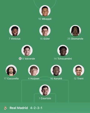 The image displays Real Madrid's starting lineup in a 4-2-3-1 formation for their La Liga match against Elche, featuring Mbappé (10) as the lone striker, with Vinícius (7), Güler (15), and Diomande (26) in the attacking midfield, Valverde (8) and Tchouaméni (14) as holding midfielders, and a defensive line of Cucurella (17), Huijsen (4), Konaté (16), and Trent (12) in front of goalkeeper Courtois (1).