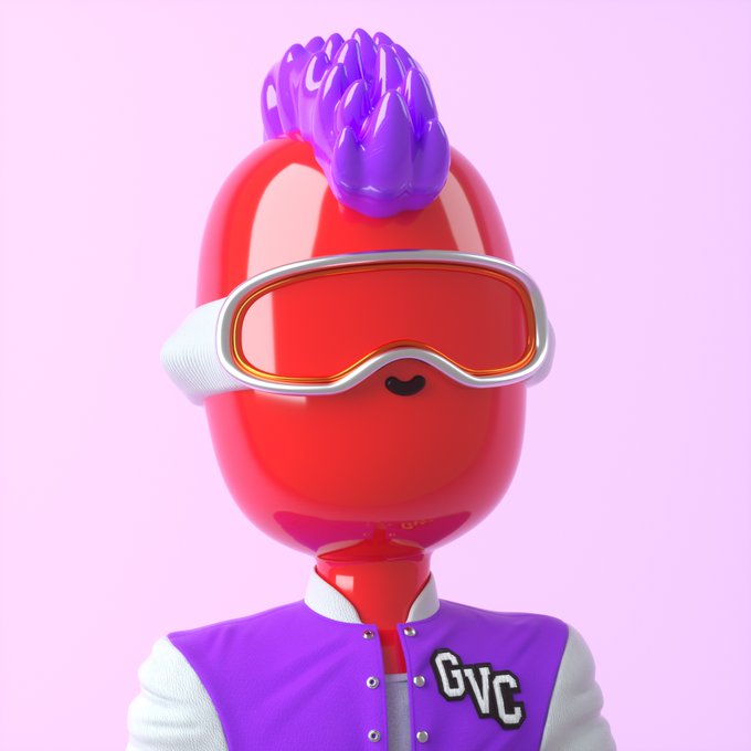 A glossy red 3D-rendered character with a purple mohawk wears white and orange ski goggles and a purple varsity jacket with white sleeves that has 'GVC' emblazoned on the chest.