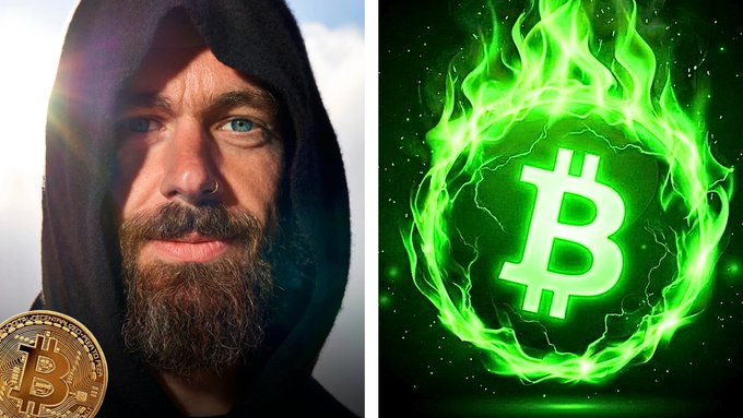 A bearded man in a black hoodie appears next to a golden Bitcoin coin, juxtaposed with a glowing green Bitcoin symbol surrounded by flames.