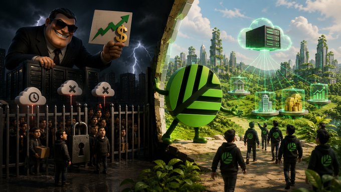 The image is split into two contrasting scenes: on the left, a sinister figure in sunglasses holds up a rising dollar chart above server racks behind a padlocked gate with "X" and refresh icons, while people stand trapped below under stormy skies; on the right, a bright green futuristic city features a CNPY-branded character breaking through the wall, as people in CNPY jackets walk freely toward cloud servers, gold coins, and skyscrapers under clear skies. 

The caption directly visualizes the post's message—contrasting the "hostile landlord" reality of shared infrastructure (rising fees, congestion, lockouts) with the liberation offered by CNPY Network's decentralized alternative, where users reclaim ownership and escape centralized gatekeepers.