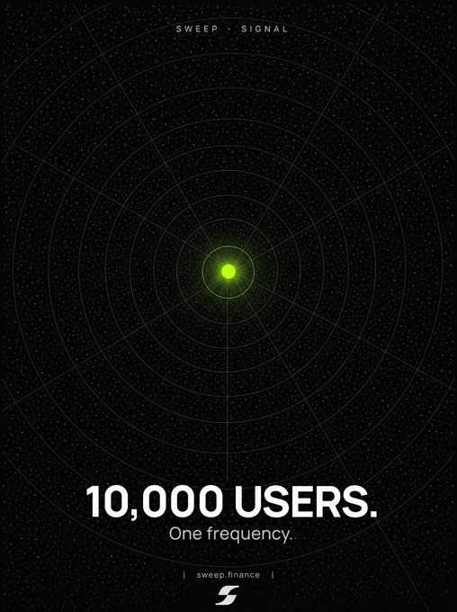 A dark promotional graphic for Sweep.finance featuring a green radar/sweep signal display with a glowing center dot, reading '10,000 USERS. One frequency.' with the Sweep logo and 'sweep.finance' website.