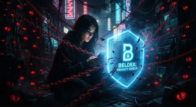 A person in a dark hoodie looks at a phone, surrounded by red chains with eye-like nodes, with a glowing blue 'BELDEX PRIVACY SHIELD' shield icon beside them.