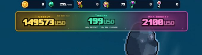 A screenshot from a video game interface displays currency counters at the top and three colorful banners showing 'WEEKLY 149573 USD,' 'THRONE 199 USD,' and 'MAX BOUNTY 2100 USD.'