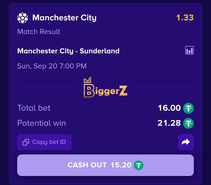 A betting interface screenshot from BiggerZ showing a Manchester City match result bet at 1.33 odds, with a total bet of 16.00₮, a potential win of 21.28₮, and a cash-out option of 15.20₮.