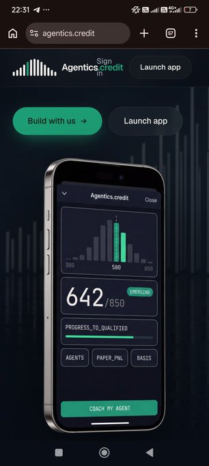 A mobile phone screenshot showing an 'Agentics.credit' app interface with a credit score of 642/850 labeled 'PROGRESS_TO_QUALIFIED' and a 'COACH MY AGENT' button.