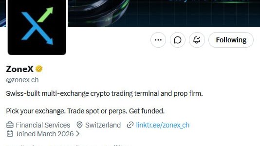 A screenshot of the X profile for “ZoneX 🧐” (@zonex_ch), described as a “Swiss-built multi-exchange crypto trading terminal and prop firm” with “Financial Services,” “Switzerland,” and “Joined March 2026” visible.