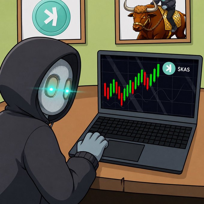 A hooded figure with glowing eyes sits at a laptop displaying a candlestick chart for "$KAS" on the screen, with the Kaspa logo visible in a window behind them and a bull illustration on another window, tying into the upcoming livestream's focus on Kaspa ($KAS) trading principles and community growth.