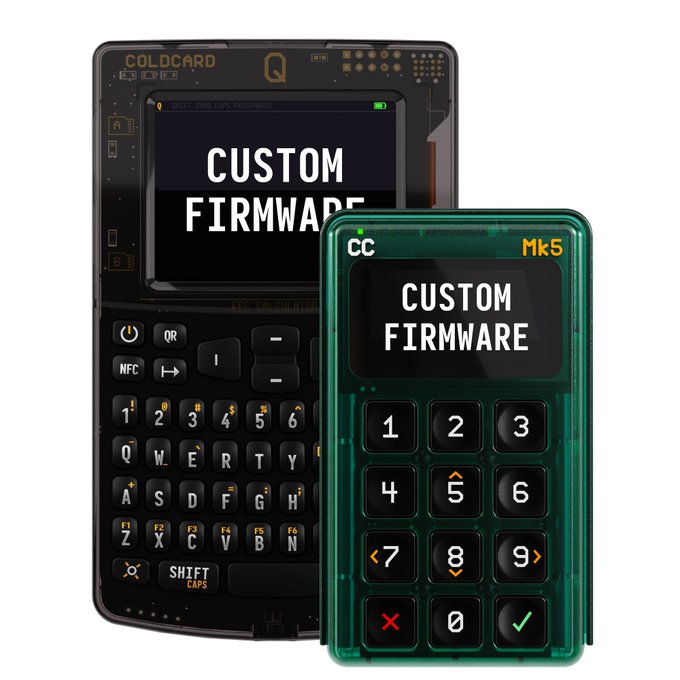 Two Coldcard hardware wallets (a Q model and a translucent green Mk5) displaying 'CUSTOM FIRMWARE' on their screens.
