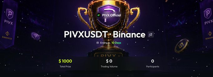 The image features a large golden trophy with the text "PIVX/USDT Trading Race on Binance is LIVE! Ready to slice up a 1000 USDT total prize pool? For the next 10 days, we are dropping 100 USDT DAILY!" The trophy represents the prize for participating in the trading race. The image also includes banners and logos related to Bitcoin and Pivx, indicating that this event is focused on cryptocurrency trading.