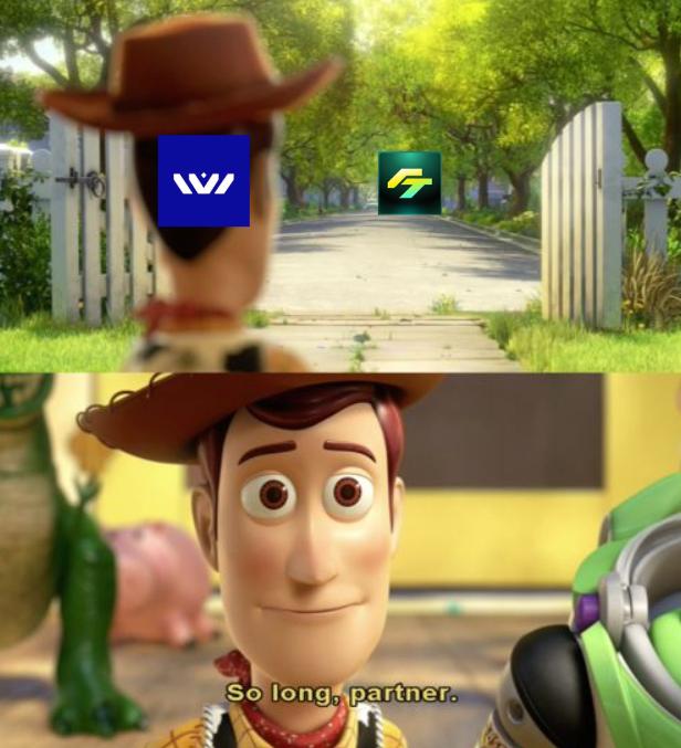 A meme from *Toy Story* showing Woody saying "So long, partner" with his back turned, with the Imperial (W) and Flash (FT) logos overlaid on the image. The meme humorously illustrates the post's message that Flash is shutting down and users will need to move on to other platforms, with Imperial bidding farewell to its longtime partner.