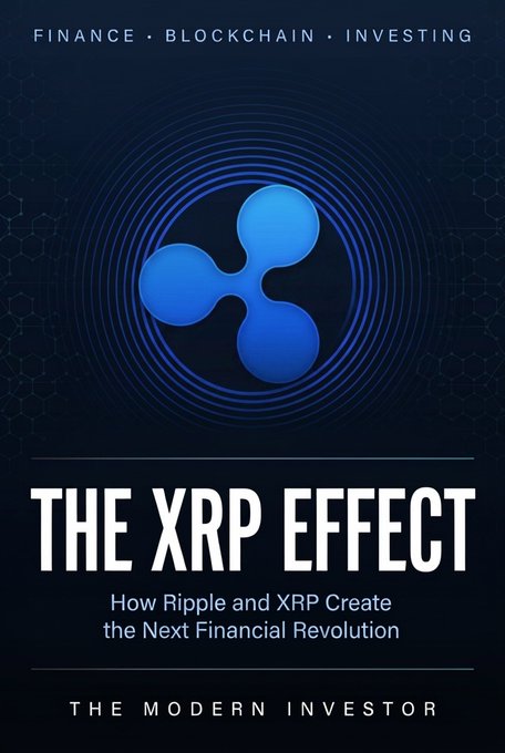 A book cover titled "The XRP Effect: How Ripple and XRP Create the Next Financial Revolution" by "The Modern Investor," categorized under Finance, Blockchain, and Investing. The design features a dark blue background with a hexagonal pattern and the iconic Ripple logo in the center, complementing the post celebrating the book's success at #6 on Amazon.