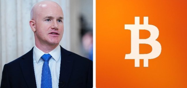 The image shows a bald man in a dark suit and blue tie on the left, alongside the orange Bitcoin logo on the right. The caption likely features Coinbase CEO Brian Armstrong, who may be involved in discussions with U.S. Treasury and Commerce Departments regarding the Strategic Bitcoin Reserve, as Coinbase's role in the initiative's infrastructure and framework grows.