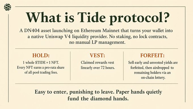 The image shows a poster with text that reads "What is Tide Protocol?". Below this title, there are three bullet points explaining what the protocol does. The first point states that the protocol is a new primitive for Ethereum, which means it's a new feature or function added to the Ethereum blockchain. The second point explains that the protocol rewards users who hold their tokens with a vest, while those who spend them receive a fortfit. The third and final point mentions that the protocol has been claimed by many people as a "diamond in the rough", suggesting it's a valuable asset for investors or early adopters of Ethereum technology.