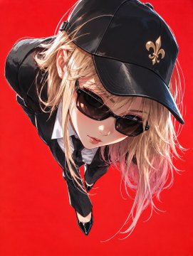 An anime-style illustration of a blonde female character wearing a black cap adorned with a gold fleur-de-lis emblem and dark sunglasses, set against a red background.
