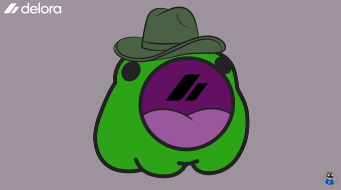 A green cartoon character with a purple belly wearing a green cowboy hat, displayed against a gray background with the 'delora' logo in the top-left corner.