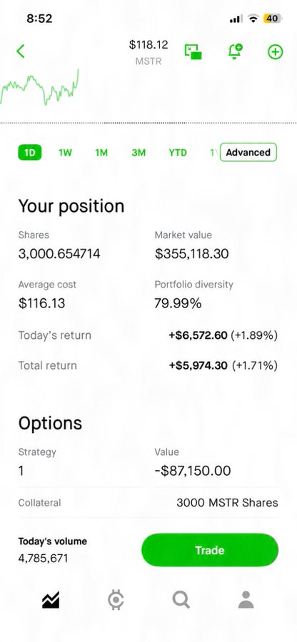 The image shows a phone screen displaying a graph, possibly a stock market chart. The screen also displays several options like "1", "Trade", or "Add" which might be related to investing or trading options within that particular stock market. Based on this information, we can infer that the person holding the phone is potentially interested in taking part in some financial transactions, possibly exploring different trading strategies and diversifying their investments.