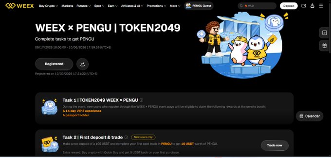 A WEEX x PENGU promotional page displaying 'TOKEN2049' tasks, including a 'First deposit & trade' task with new users only.