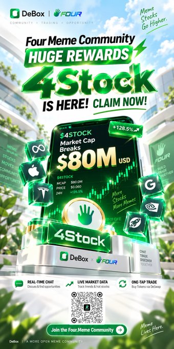 A promotional graphic for DeBox and Four.Meme Community announcing '4STOCK IS HERE!' with claims of huge rewards, $80M USD market cap, and +128.5% growth.
