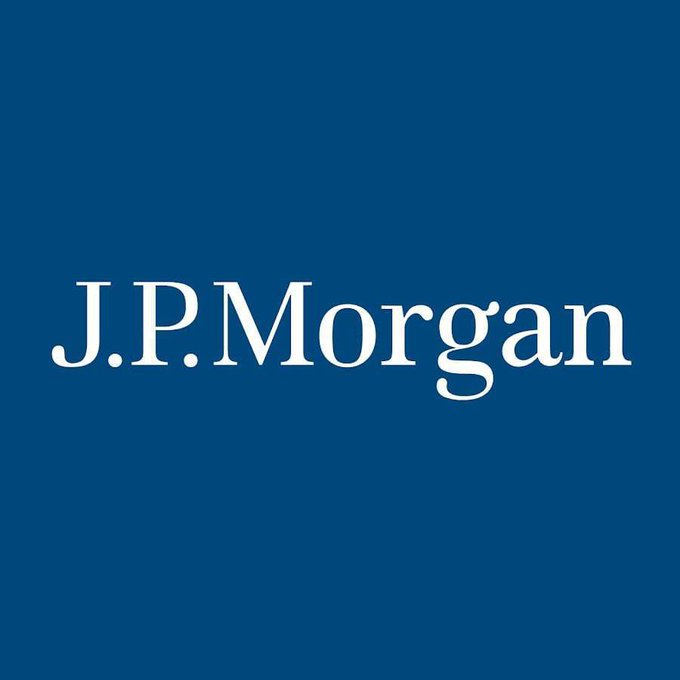 The classic J.P. Morgan logo in white serif text centered on a solid dark blue background.