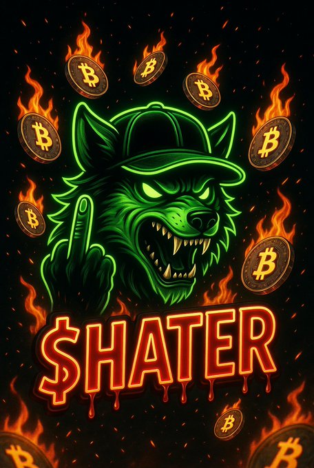 A snarling neon green wolf wearing a cap gives the middle finger while surrounded by flaming Bitcoin coins and the dripping red text "$HATER." The fiery imagery and defiant wolf visually embody the post's rallying cry against scammers and ruggers, with $HATER positioned as a fierce, flame-fueled memecoin leading the "Wolf Pack" against them.