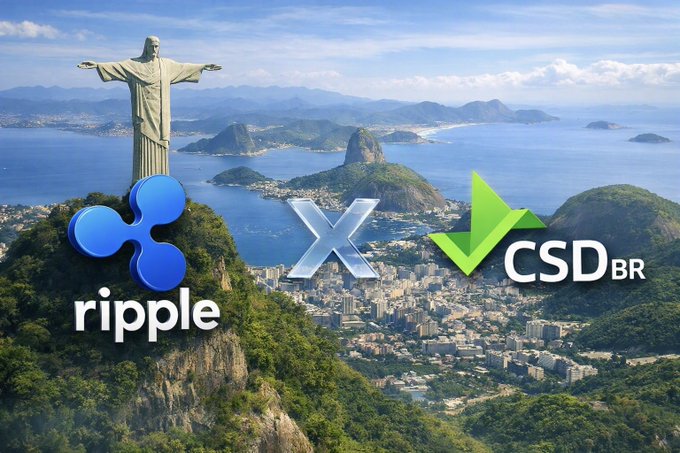 An image of Rio de Janeiro featuring Christ the Redeemer, Sugarloaf Mountain, and Copacabana, overlaid with logos for Ripple, XRP, and CSDBR.