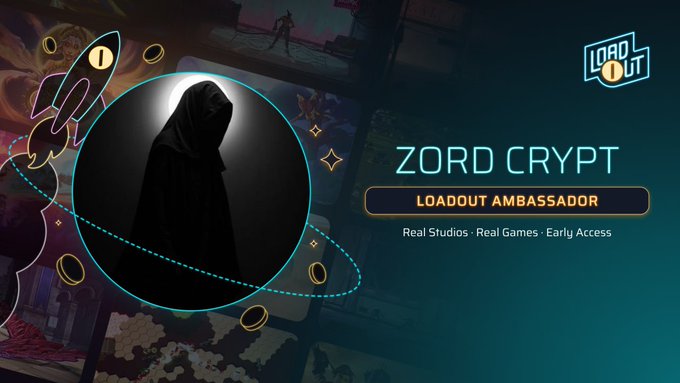 A dark promotional graphic for Loadout Protocol's "Loadout Ambassador" program features a hooded, shadowy figure centered within a glowing circular frame, surrounded by stylized game-related illustrations and the text "ZORD CRYPT · Loadout Ambassador · Real Studios · Real Games · Early Access." The accompanying post explains that the creator has been appointed a Loadout Ambassador, with Zord Crypt likely being one of the indie game projects featured on the platform.