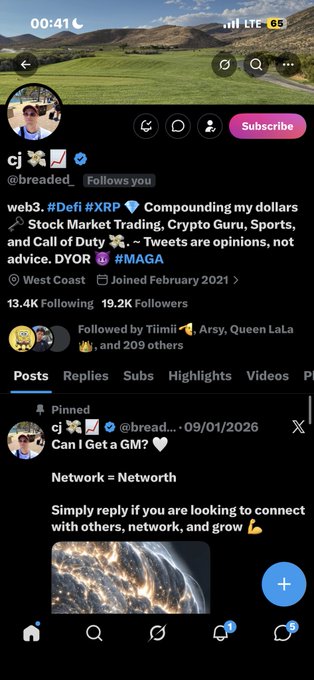 A mobile screenshot of a Twitter/X profile for 'cj' (@breaded_) who describes himself as a 'web3, Crypto Guru, Sports, and Call of Duty' influencer, displaying a pinned post that reads 'Can I Get a GM? 🤍 Network = Network'.