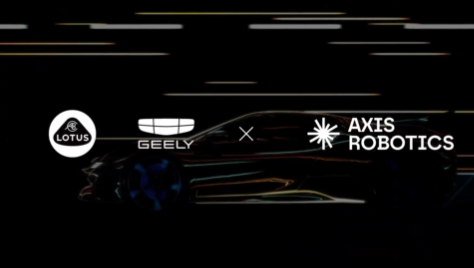 A dark promotional image showing a collaboration between Lotus, Geely, and Axis Robotics, with a faint outline of a vehicle in the background.