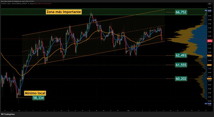 A TradingView chart of Bitcoin (BTC/USD on Coinbase) labeled in Spanish, highlighting the 'Zona más importante' near 66,752 and a 'Minimo local' of 58,334, with additional price levels marked at 62,493, 61,555, and 60,202.