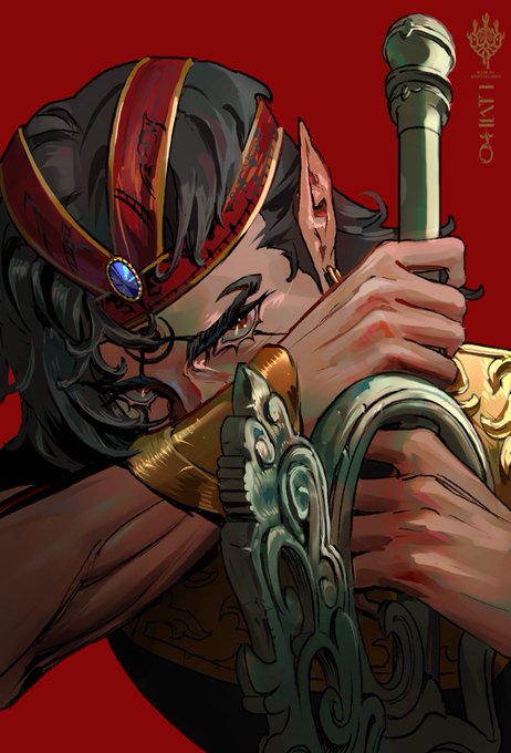 A digital illustration of an elf-like character with pointed ears and a red gem-adorned headband playing an ornate golden trumpet against a red background, with the date "04/IV" and a small emblem visible in the corner, fitting the "Batara" fantasy theme of the post.