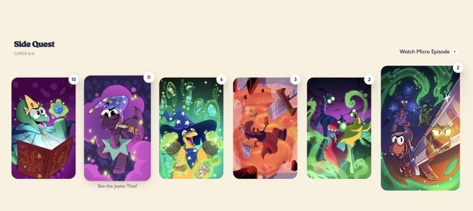 A "Side Quest" card collection interface showing six illustrated cards, with the second card labeled "Bee the jester Thief."