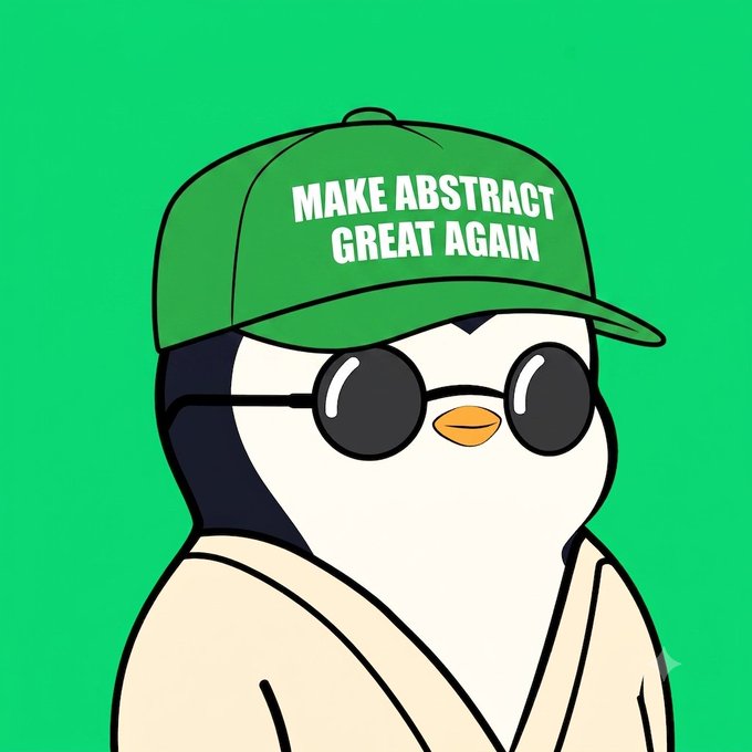 A cartoon illustration features a white penguin character wearing round black sunglasses and a green baseball cap with the text "MAKE ABSTRACT GREAT AGAIN".