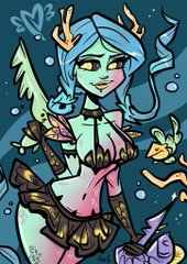 An illustration of a blue-haired fantasy character with green skin, horns, and a pink and black outfit, accompanied by small floating creatures.