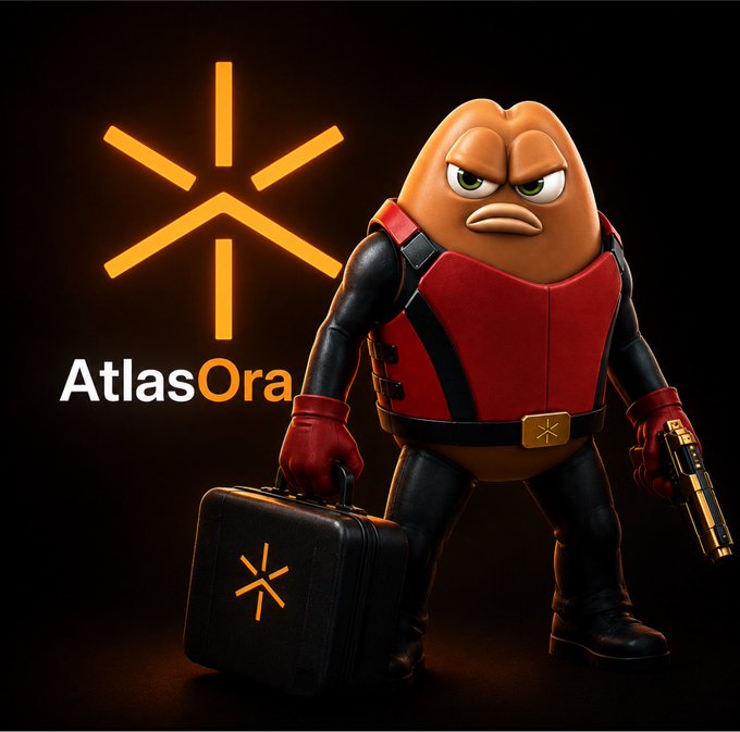A cartoon egg-shaped character in a red and black tactical outfit holds a briefcase and a gold gun, standing in front of the 'AtlasOra' logo.