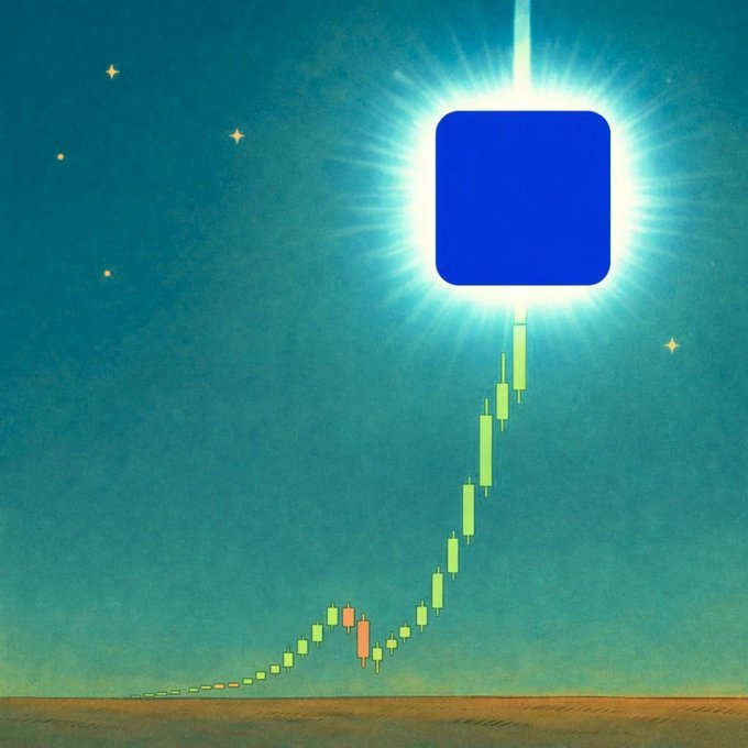 A glowing blue square icon shines brightly against a starry night sky, with a green candlestick chart trending sharply upward like a staircase toward the light. The image visually represents the post's theme of a Base coin with explosive millionaire potential, symbolized by the rocket-like price ascent.