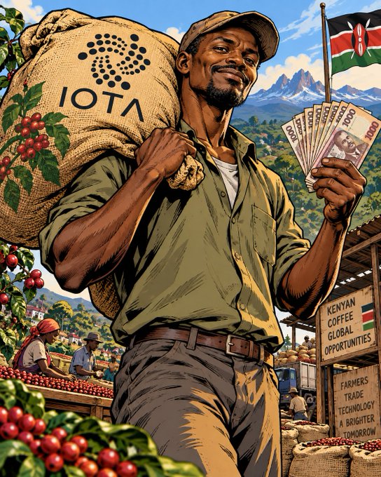 A vibrant illustrated poster featuring a smiling Kenyan man carrying a burlap sack branded 'IOTA' while holding Kenyan shilling banknotes, with a Kenyan flag, coffee plants, and text reading 'KENYAN COFFEE GLOBAL OPPORTUNITIES' and 'FARMERS TRADE TECHNOLOGY A BRIGHTER TOMORROW',