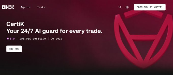 This image showcases "Certik, Your 24/7 AI guard for every trade," highlighting its 5.0 star rating, 100.00% positive feedback, and 20 sold, relating to OKX's launch of the Agentic Marketplace.