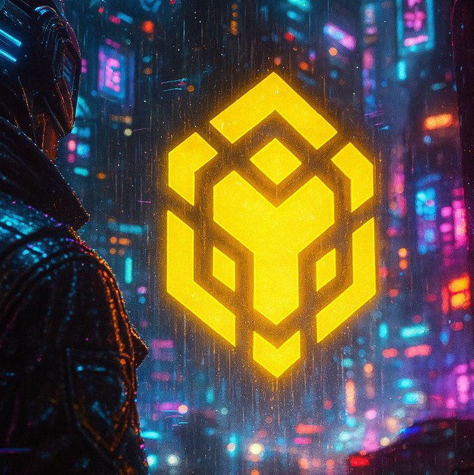 A hooded figure stands in a rain-soaked cyberpunk cityscape, gazing up at a large glowing yellow Binance (BNB) logo projected against the neon-lit skyline—visually reinforcing the post's message that "1 #BNB = priceless."