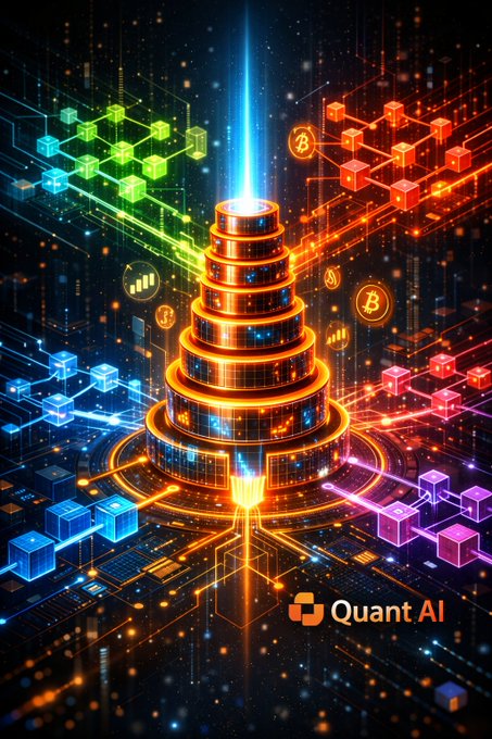 A futuristic digital artwork featuring a glowing tiered tower emitting a blue light beam, surrounded by blockchain networks in green, orange, and pink, with a 'Quant AI' logo in the bottom right.