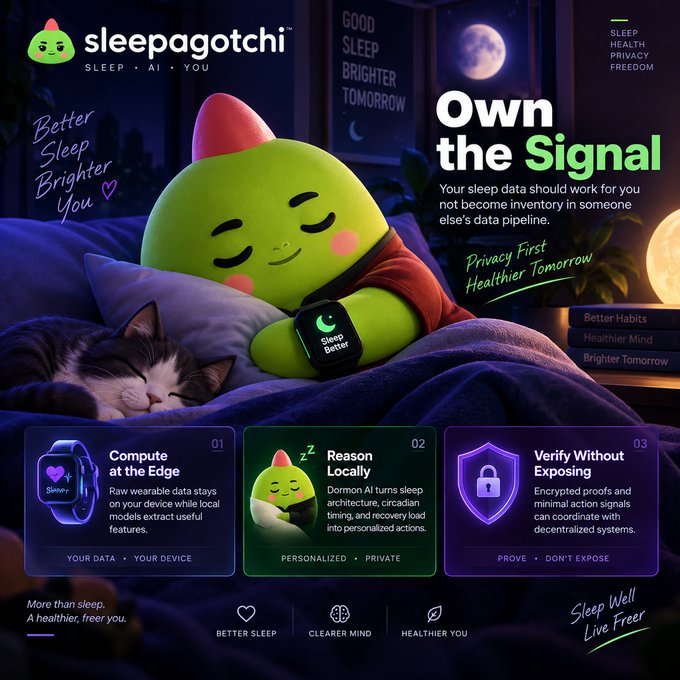 An advertisement for 'sleepagotchi' featuring a sleeping green character with a smartwatch, with the tagline 'Own the Signal' and three feature panels: 'Compute at the Edge', 'Reason Locally', and 'Verify Without Exposing'.