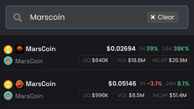 A cryptocurrency search results screen for 'Marscoin' showing two MarsCoin tokens with prices $0.02694 (1H 39%, 24H 38K%) and $0.05146 (1H -3.1%, 24H 8.1%), along with liquidity, volume, and market cap data.