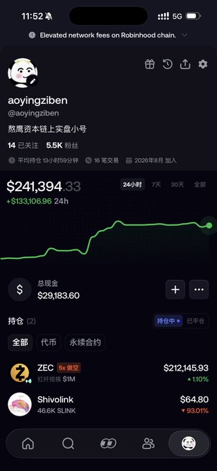 A Robinhood crypto portfolio screenshot showing a user's account "aoyingziben" with $241,394.33 total value (up $133,106.96 in 24 hours), featuring holdings of ZEC ($212,145.93, +110%) and Shivonink/SLINK ($64.80, +93.01%) — though the accompanying caption suggests a very different narrative of near-total losses on a Memecoin/Elon Musk-related investment.

Note that the image actually depicts substantial gains rather than the losses described in the post, suggesting the caption may be sarcastic or ironic about a previous loss before the shown recovery.