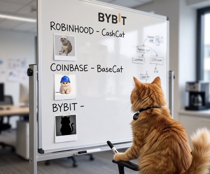 A humor image of an orange cat sitting in an office chair holding a marker, looking at a BYBIT whiteboard listing competitor brands: 'ROBINHOOD - CashCat,' 'COINBASE - BaseCat,' and 'BYBIT -' with a black cat silhouette.