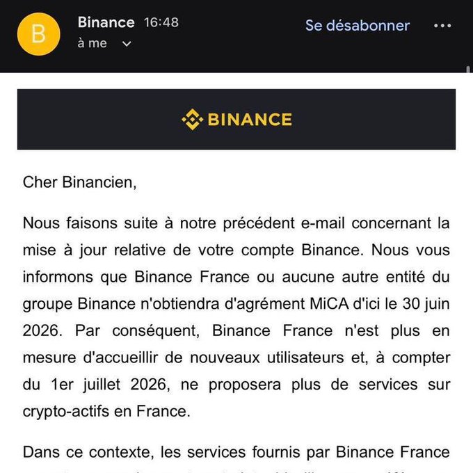 The image shows an email from Binance, a cryptocurrency exchange platform, reaching out to its European users. The email contains information about account restrictions that affect millions of people with crypto in Europe. It also mentions that this could be the starting gun for other global platforms and suggests that EU users' accounts will be restricted.